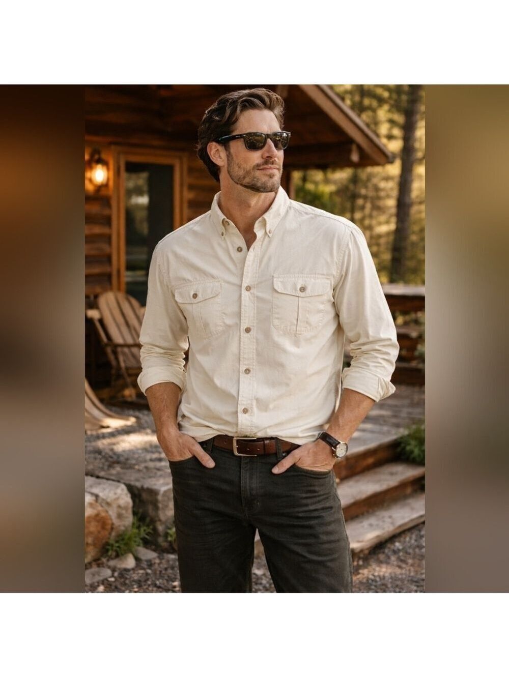 Beretta Men’s Cream Long Sleeve Button-Up Shirt | Medium | Outdoor Field Casual